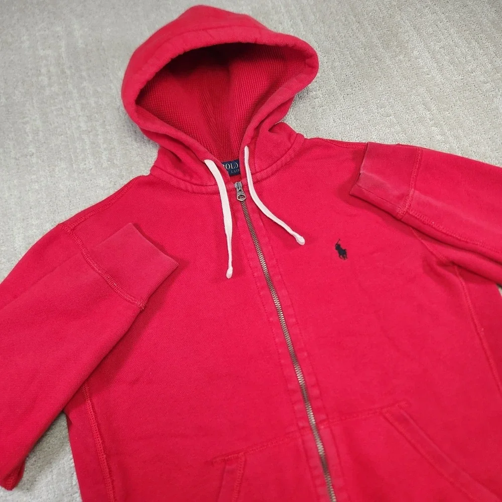 Polo Ralph Lauren Hoodie Men Small Thermal Hood Full Zip‎ Cotton Fleece Red